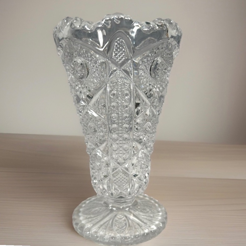 Imperial Glass Clear Vase Daisy Button Footed Pedestal Celery Holder Home Decor